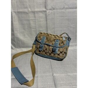 Coach Signature Canvas Leather Shoulder Bag 6849 Tan Baby Blue w/ charm buckles
